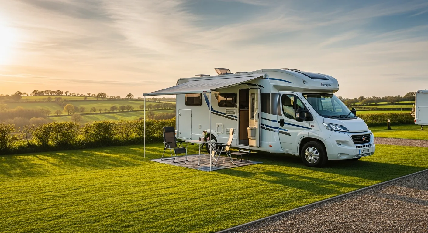 A touring caravan pitched amongst mature trees at the park